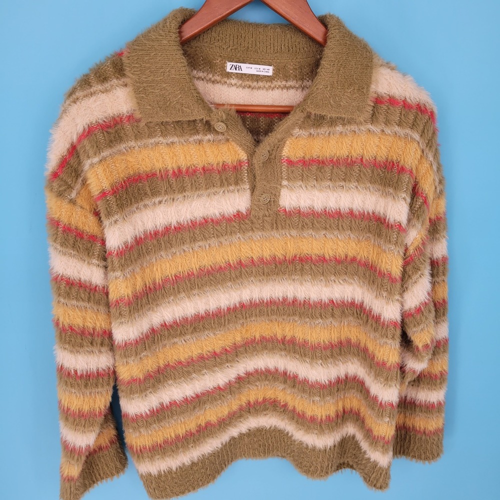 Zara Polo Sweater Women Size M Fuzzy Striped Long Sleeve Knit Pullover Y2K Retro